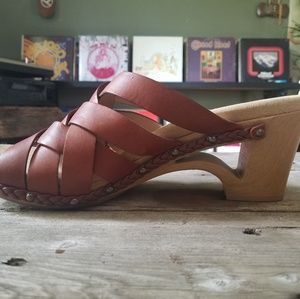 Brown Leather Strappy Clog Slide Sandal Platform